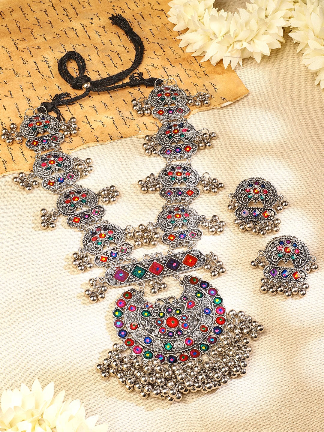 Rubans Oxidised Silver-Plated Multicolour Stone Studded Afghani Necklace Set with Ghungroo Drops for Women