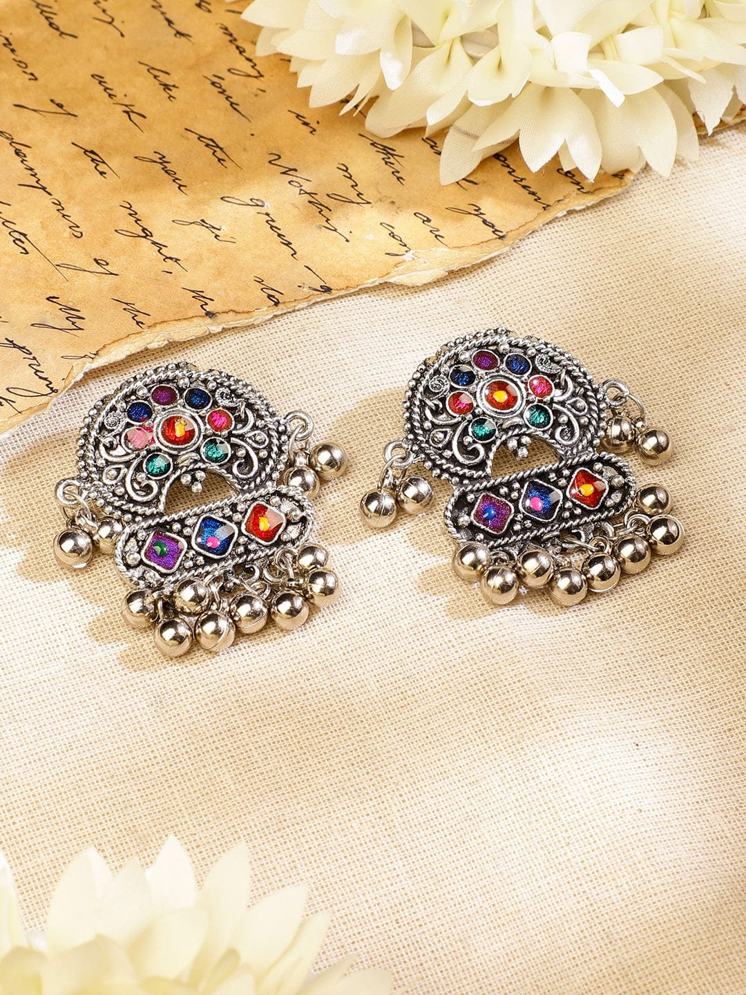 Rubans Oxidised Silver-Plated Multicolour Stone Studded Afghani Necklace Set with Ghungroo Drops for Women