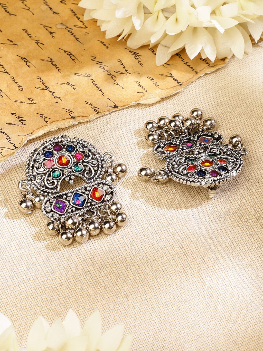 Rubans Oxidised Silver-Plated Multicolour Stone Studded Afghani Necklace Set with Ghungroo Drops for Women