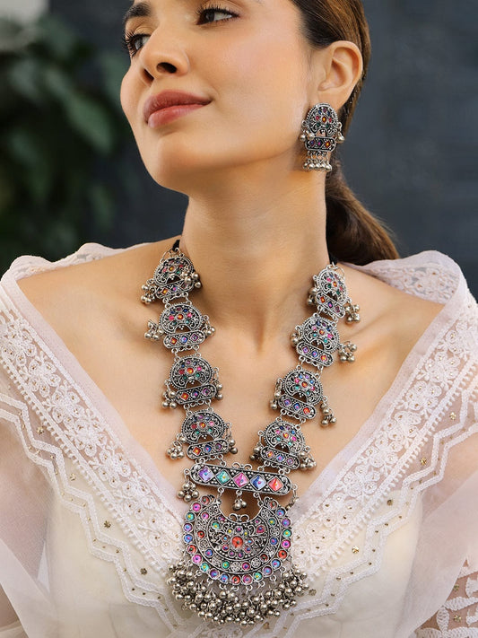 Rubans Oxidised Silver-Plated Multicolour Stone Studded Afghani Necklace Set with Ghungroo Drops for Women