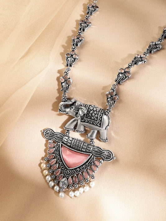 Rubans Oxidised Silver-Plated Statement Necklace with Elephant Motif, Pink Enamel & Pearl Detailing