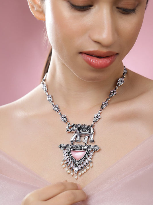 Rubans Oxidised Silver-Plated Statement Necklace with Elephant Motif, Pink Enamel & Pearl Detailing