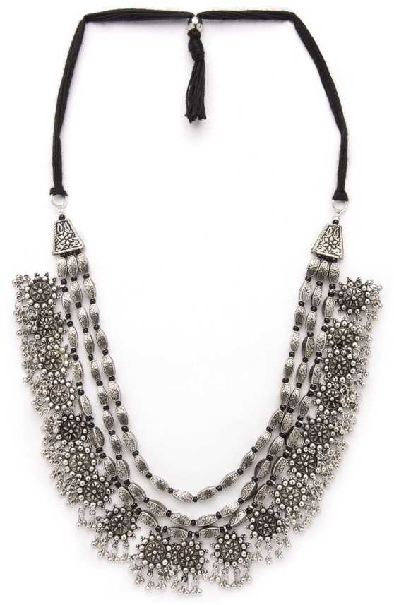 Rubans Oxidised Silver Toned Embellished With Multilayer Statement Necklace