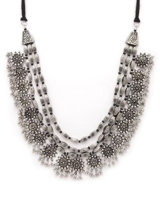 Rubans Oxidised Silver Toned Embellished With Multilayer Statement Necklace