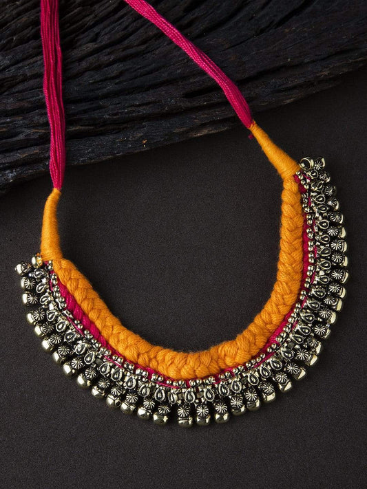 Rubans Oxidised Silver-Toned Orange Kerala Choker Necklace