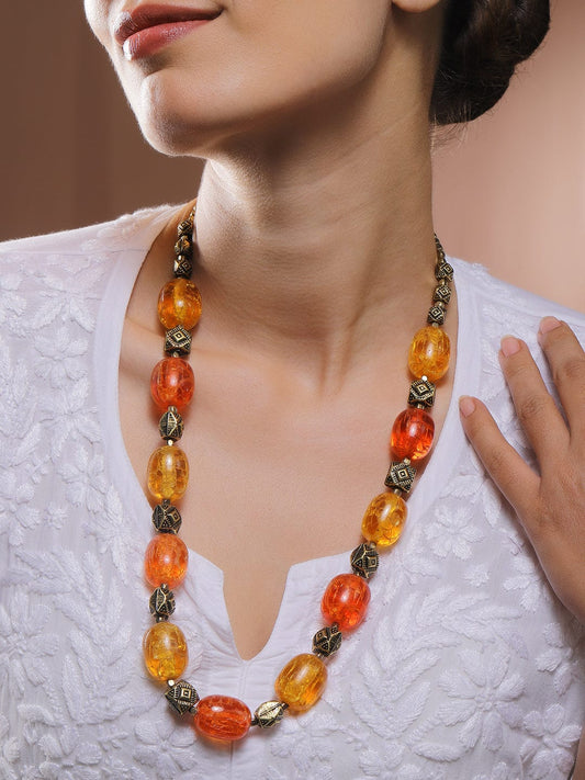 Rubans Oxidized Antique Gold Bohemian Necklace with Amber Orange & Yellow Textured Beads