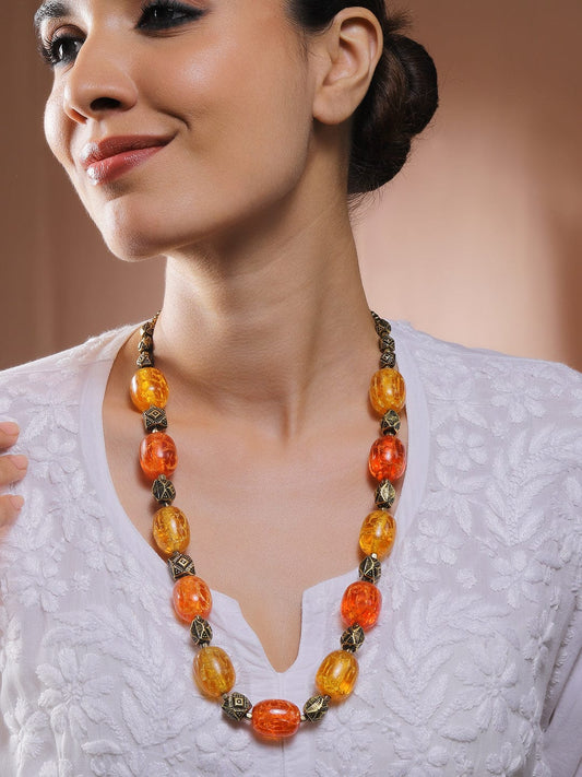 Rubans Oxidized Antique Gold Bohemian Necklace with Amber Orange & Yellow Textured Beads