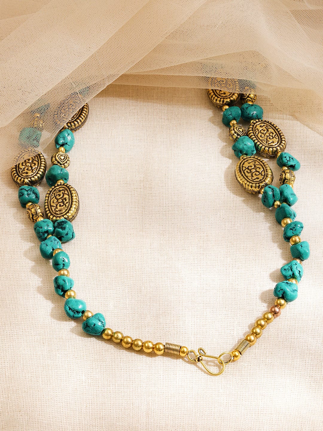Rubans Oxidized Antique Gold-Plated Dual-Layer Necklace with Multicolor Raw Beads & Tribal Oval Discs