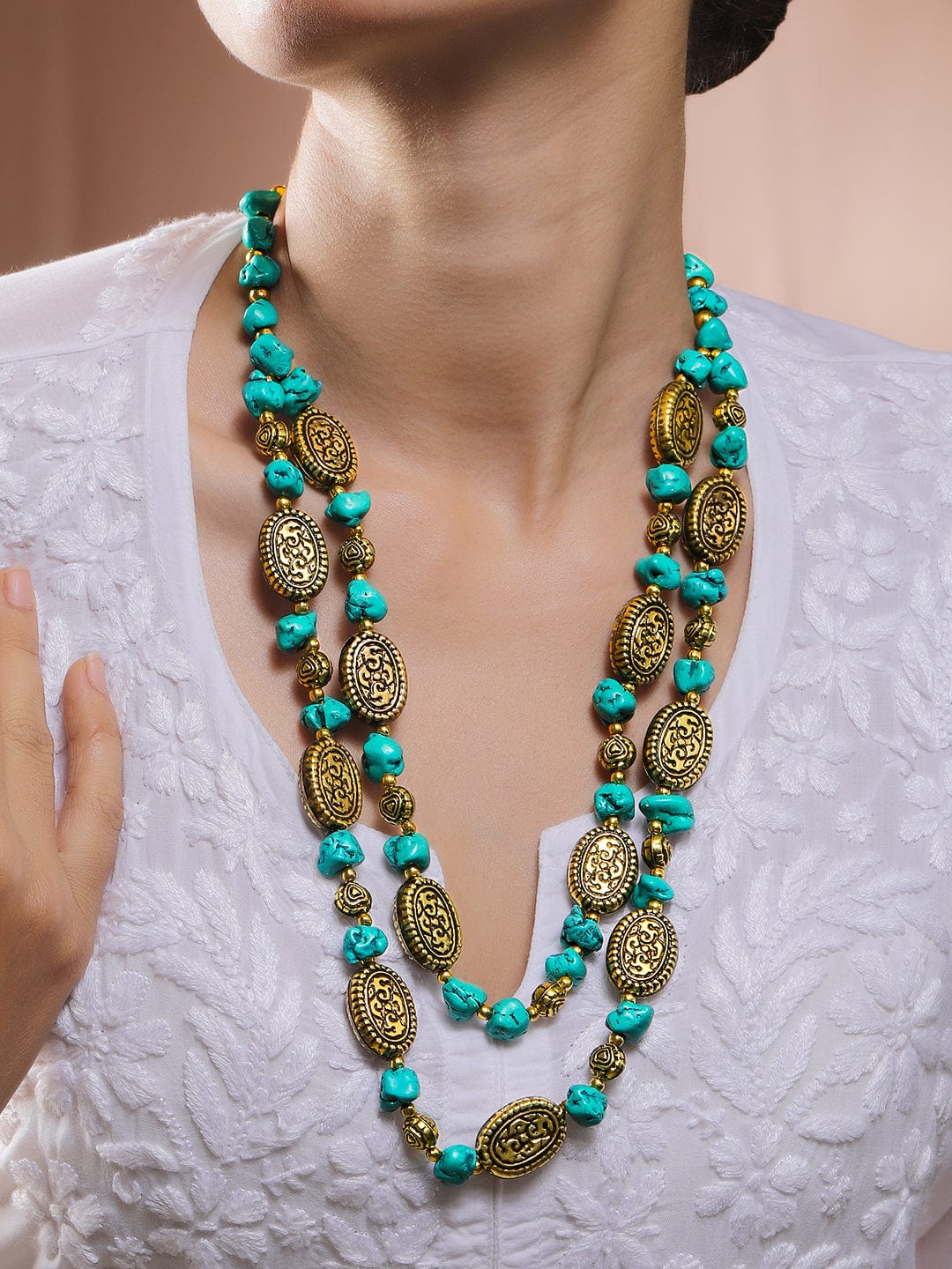 Rubans Oxidized Antique Gold-Plated Dual-Layer Necklace with Multicolor Raw Beads & Tribal Oval Discs