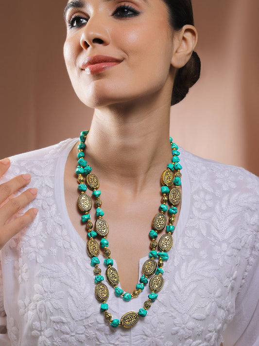 Rubans Oxidized Antique Gold-Plated Dual-Layer Necklace with Multicolor Raw Beads & Tribal Oval Discs