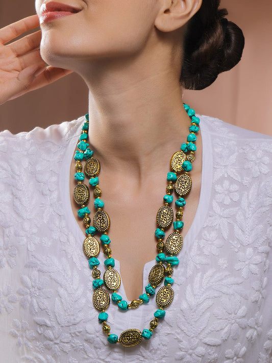 Rubans Oxidized Antique Gold-Plated Dual-Layer Necklace with Multicolor Raw Beads & Tribal Oval Discs