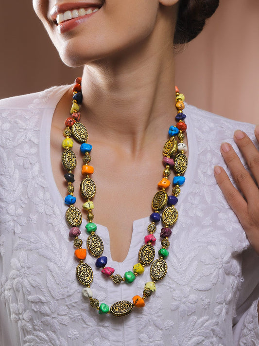 Rubans Oxidized Antique Gold-Plated Dual-Layer Necklace with Turquoise Blue Beads & Tribal Oval Discs