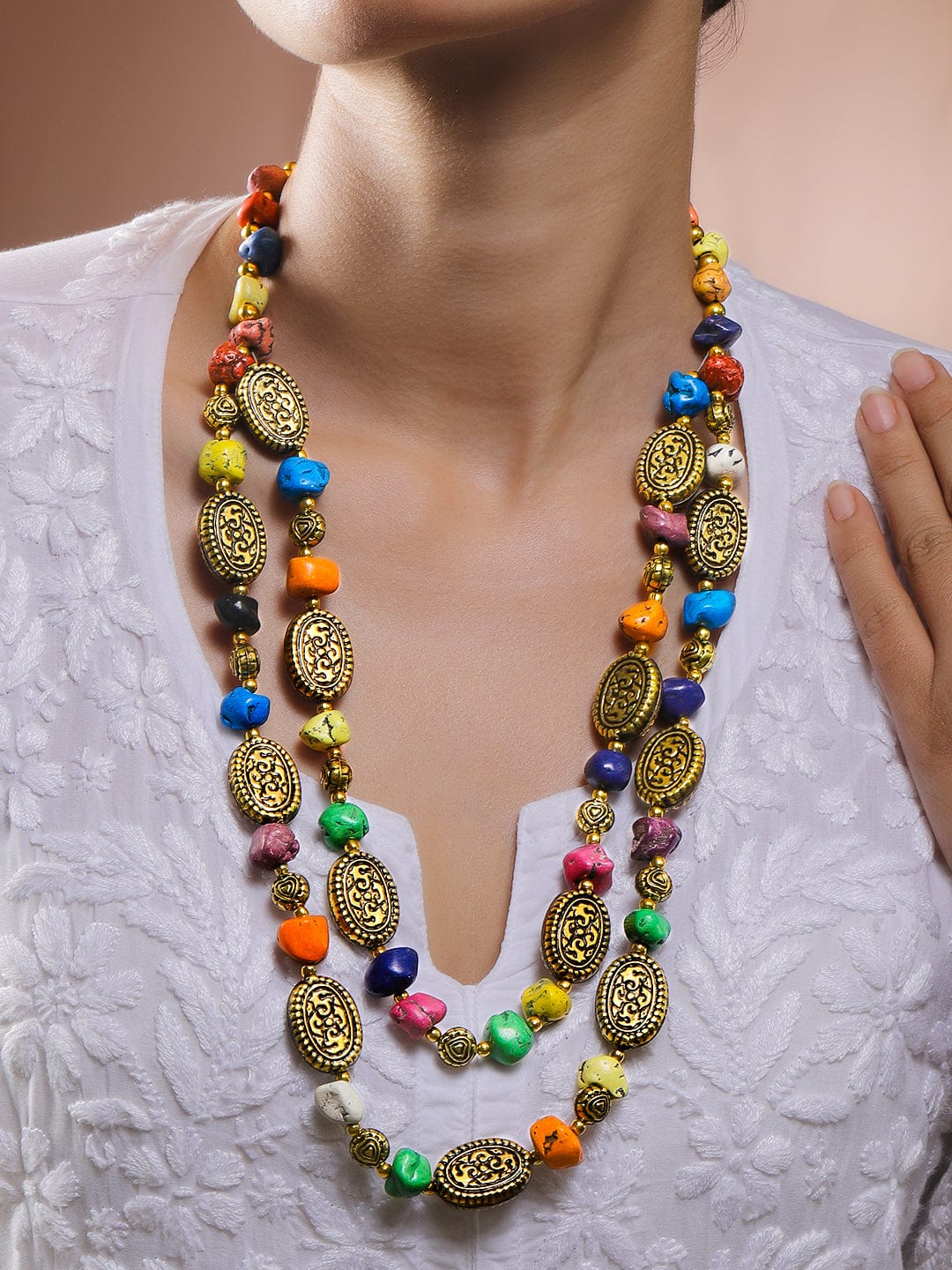 Rubans Oxidized Antique Gold-Plated Dual-Layer Necklace with Turquoise Blue Beads & Tribal Oval Discs