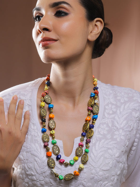 Rubans Oxidized Antique Gold-Plated Dual-Layer Necklace with Turquoise Blue Beads & Tribal Oval Discs