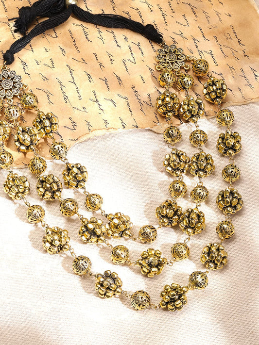 Rubans Oxidized Antique Gold-Plated Triple-Layered Floral Beaded Statement Necklace