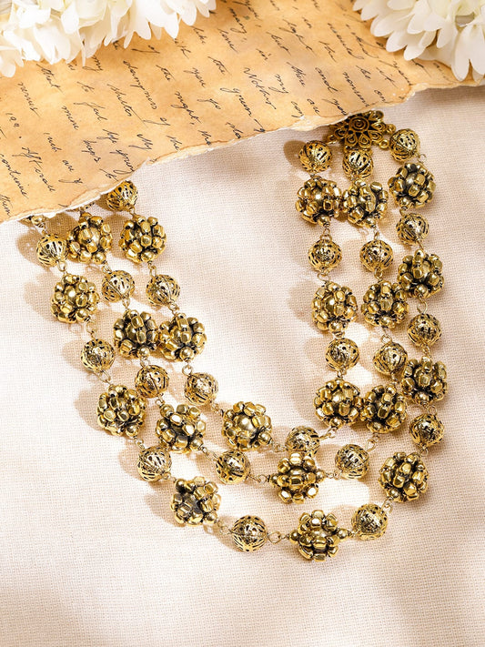 Rubans Oxidized Antique Gold-Plated Triple-Layered Floral Beaded Statement Necklace