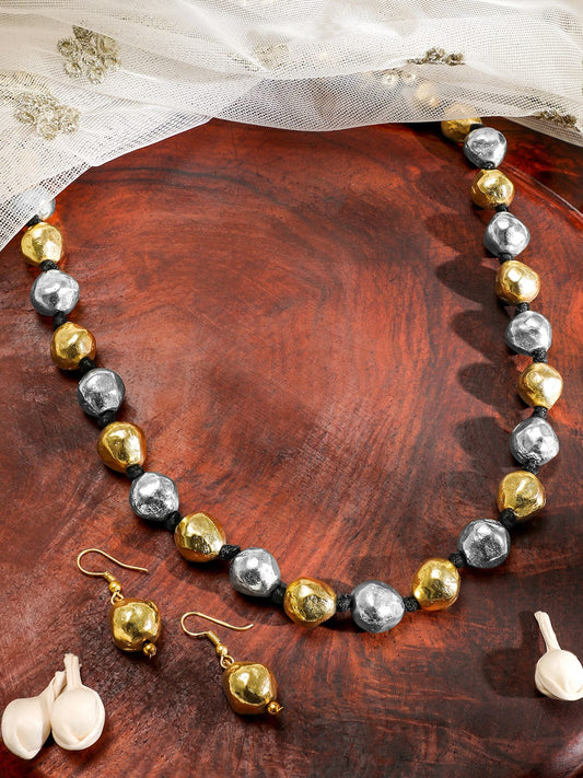 Rubans Oxidized Dual-Plated Gold & Silver Beaded Statement Necklace & Earrings Set