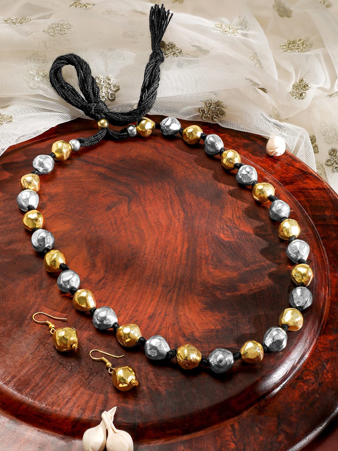 Rubans Oxidized Dual-Plated Gold & Silver Beaded Statement Necklace & Earrings Set