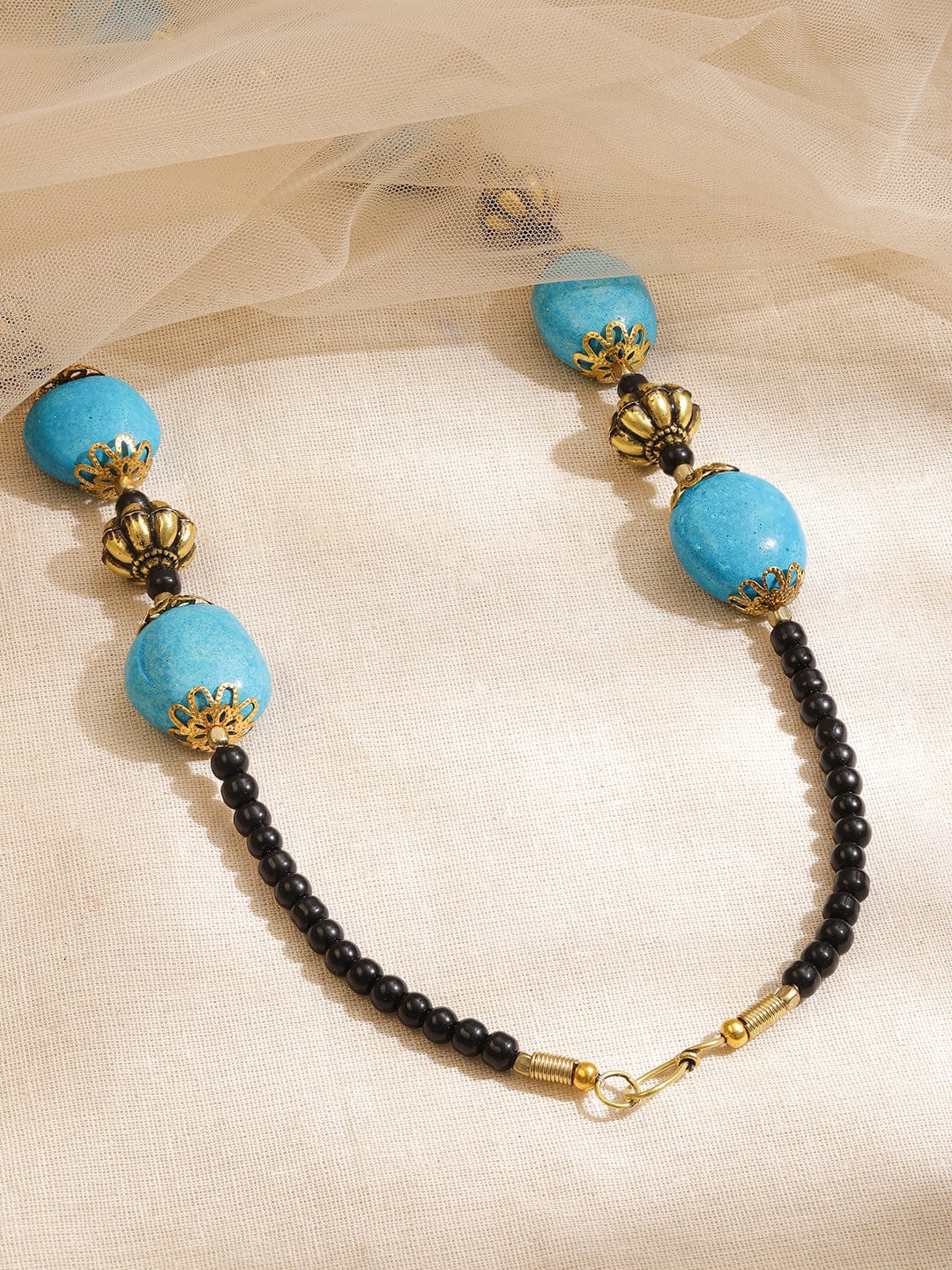 Rubans Oxidized Turquoise Blue Beaded Bohemian Necklace with Antique Gold Accents & Black Beads