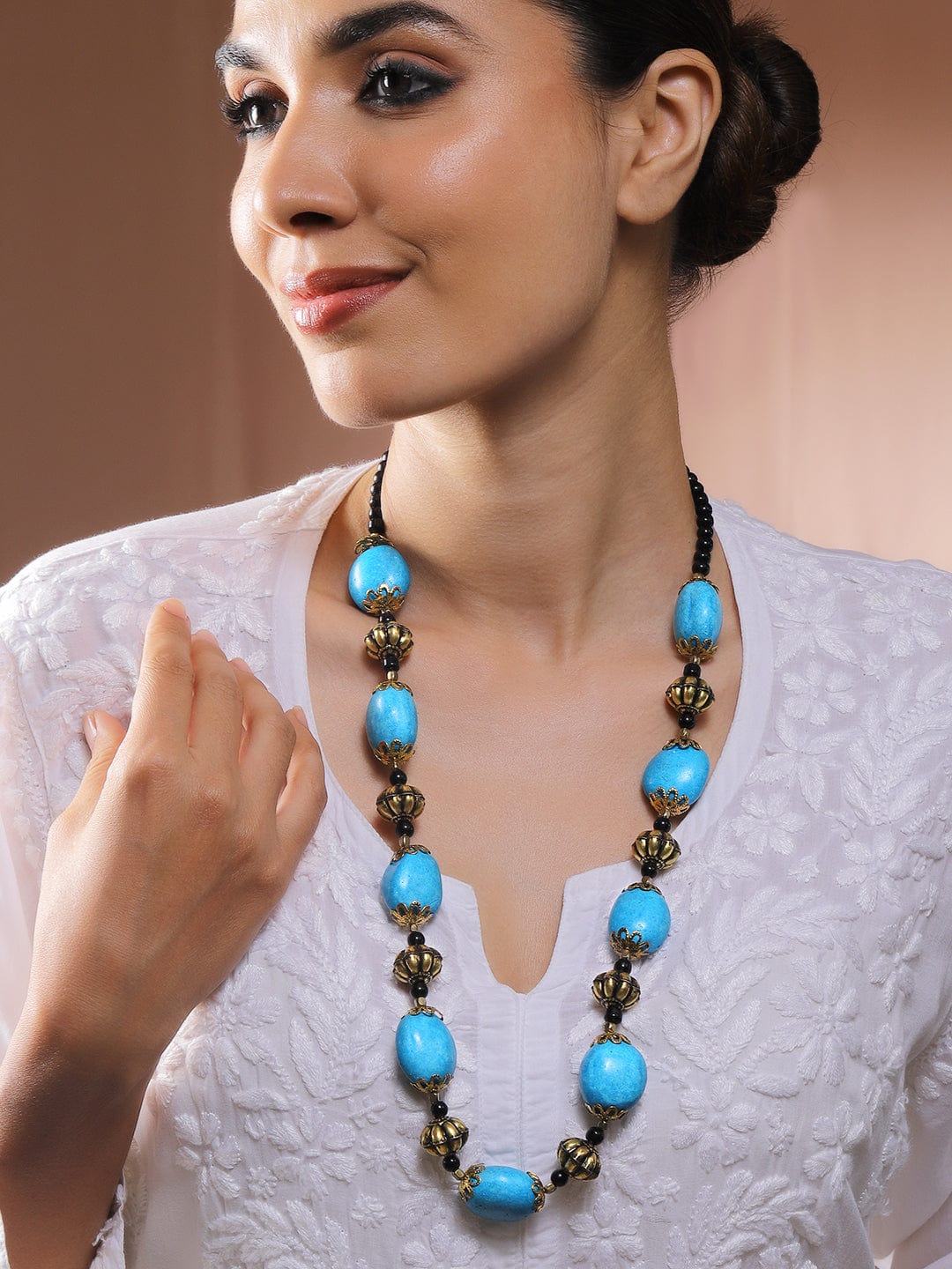 Rubans Oxidized Turquoise Blue Beaded Bohemian Necklace with Antique Gold Accents & Black Beads