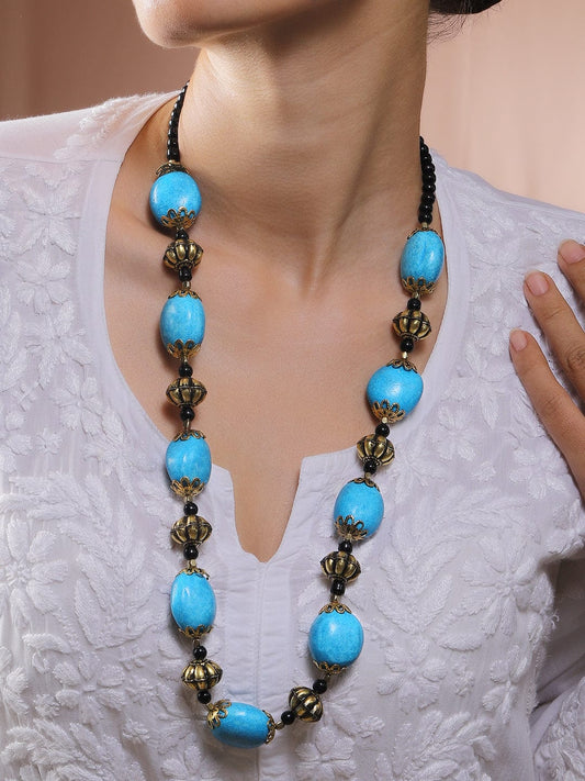 Rubans Oxidized Turquoise Blue Beaded Bohemian Necklace with Antique Gold Accents & Black Beads