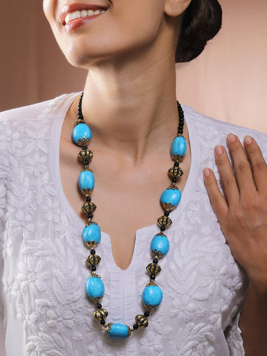 Rubans Oxidized Turquoise Blue Beaded Bohemian Necklace with Antique Gold Accents & Black Beads