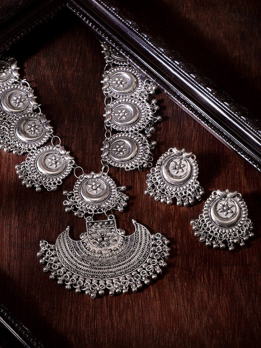 Rubans Oxidized Plated Ghungroo Beaded Crystal Statement Necklace Set