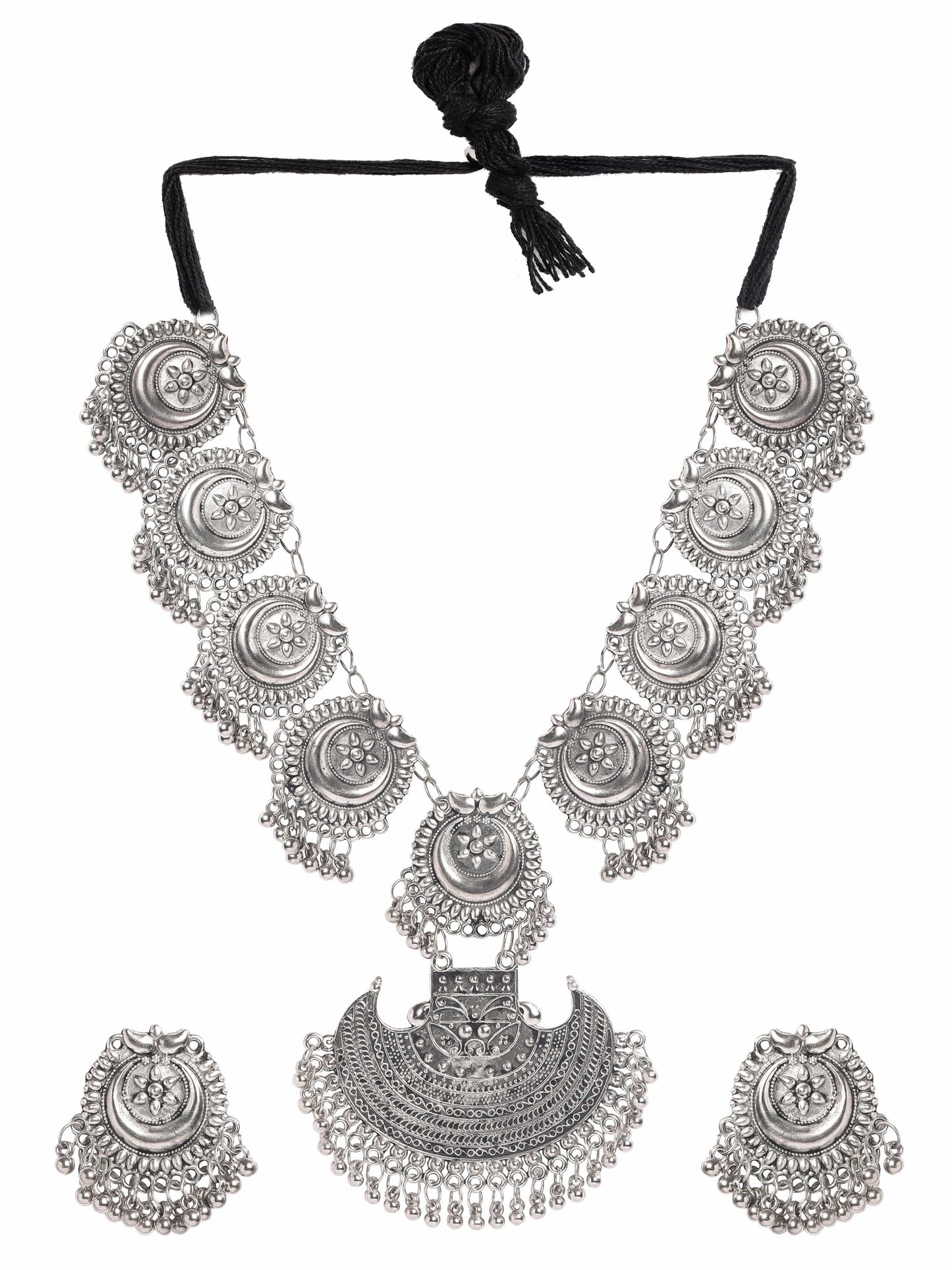 Rubans Oxidized Plated Ghungroo Beaded Crystal Statement Necklace Set