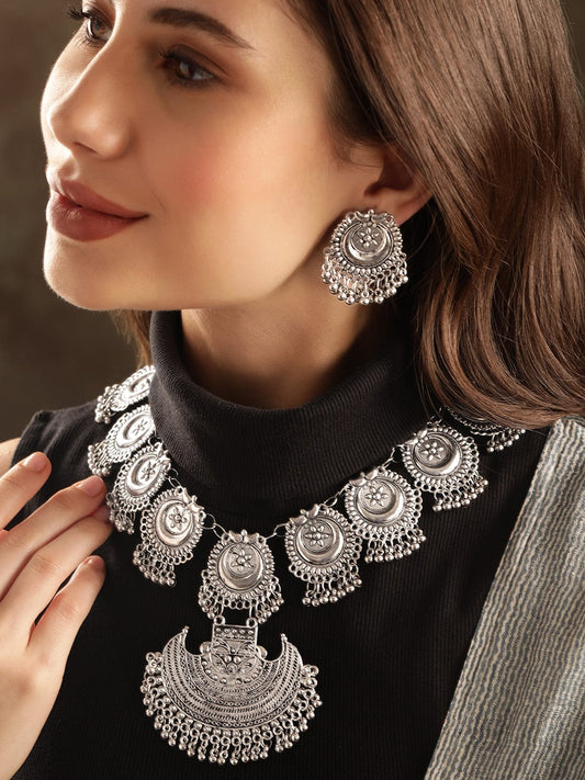 Rubans Oxidized Plated Ghungroo Beaded Crystal Statement Necklace Set