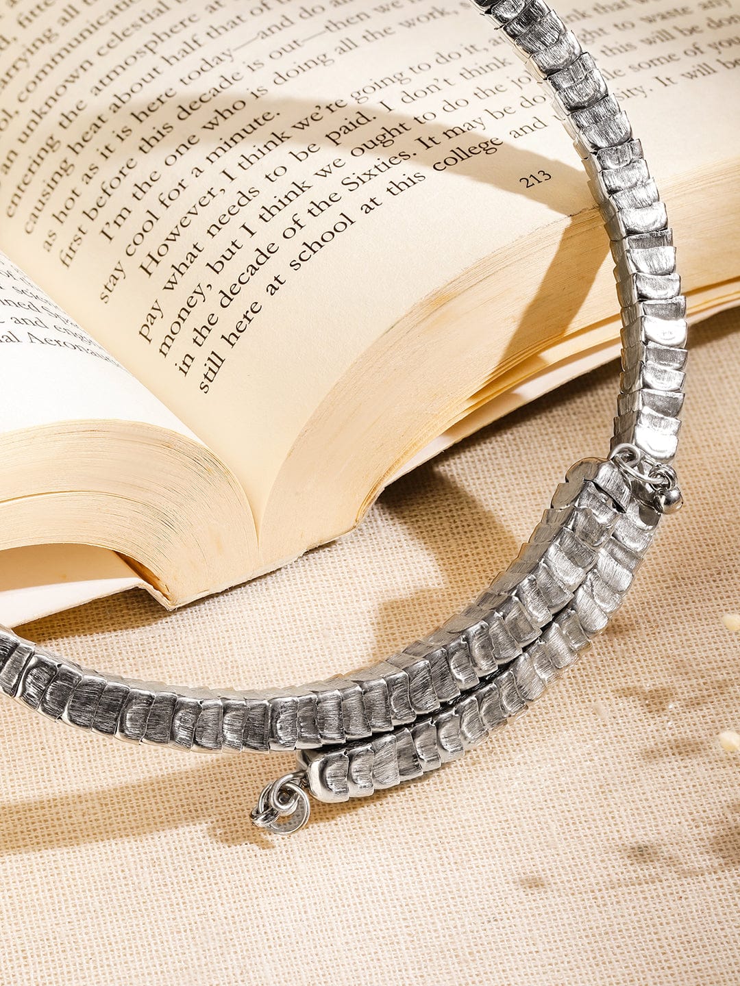 Rubans Silver-Toned Textured Link Statement Choker Necklace for Women