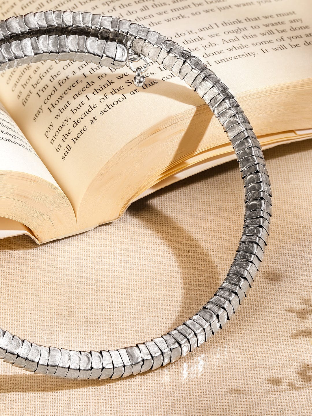 Rubans Silver-Toned Textured Link Statement Choker Necklace for Women