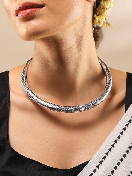 Rubans Oxidized Silver Plated Floral and Geometric Design Statement Choker Necklace