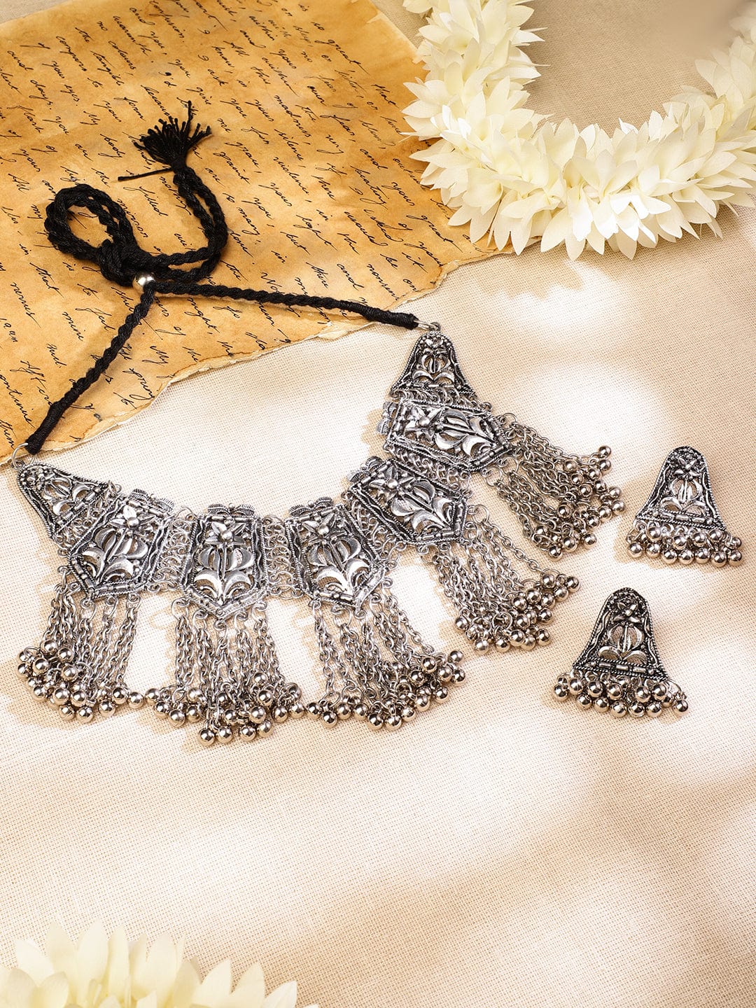 Rubans Oxidized Silver-Plated Floral Motif Statement Choker Necklace Set with Chain Tassels for Women