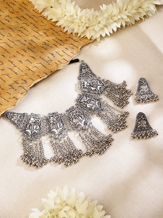 Rubans Oxidized Silver-Plated Floral Motif Statement Choker Necklace Set with Chain Tassels for Women