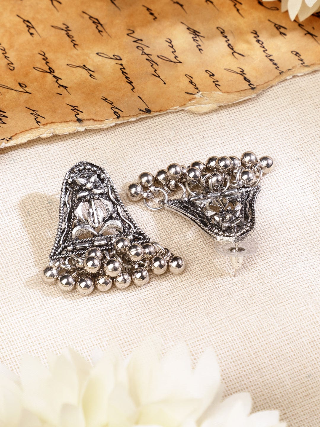 Rubans Oxidized Silver-Plated Floral Motif Statement Choker Necklace Set with Chain Tassels for Women