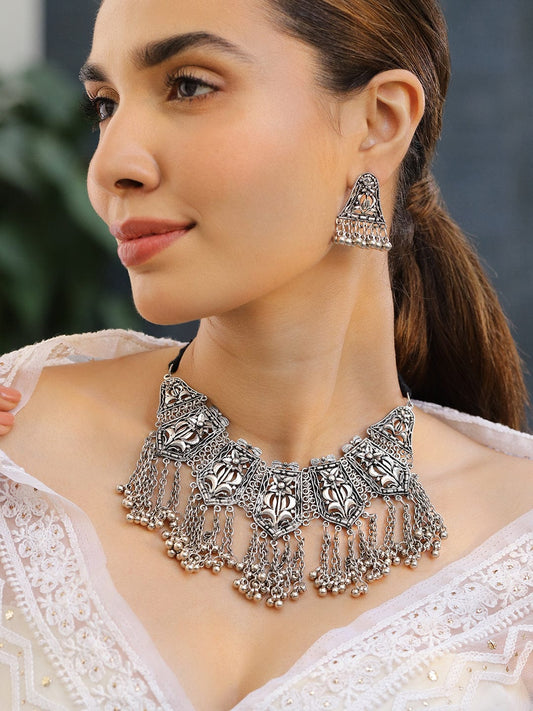 Rubans Oxidized Silver-Plated Floral Motif Statement Choker Necklace Set with Chain Tassels for Women