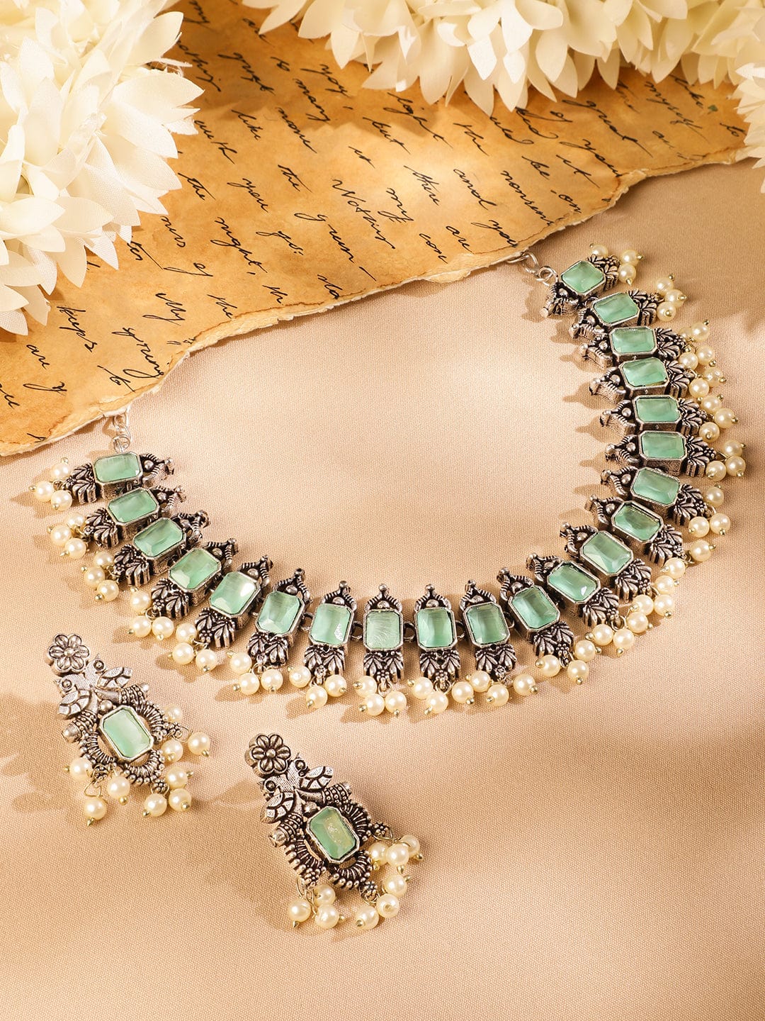 Rubans Oxidized Silver-Plated Mint Green Stone Studded Pearl Beaded Necklace Set