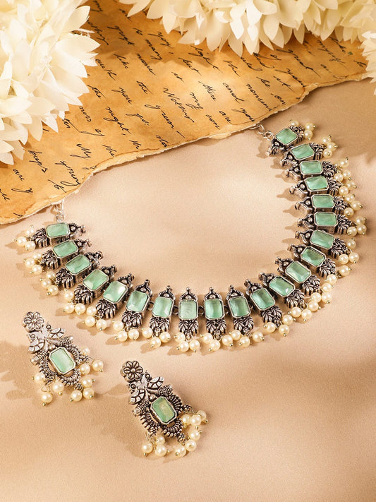 Rubans Oxidized Silver-Plated Mint Green Stone Studded Pearl Beaded Necklace Set