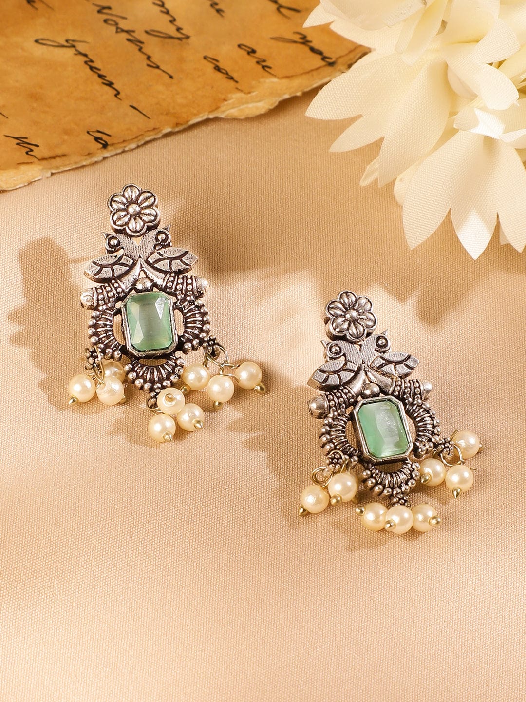 Rubans Oxidized Silver-Plated Mint Green Stone Studded Pearl Beaded Necklace Set
