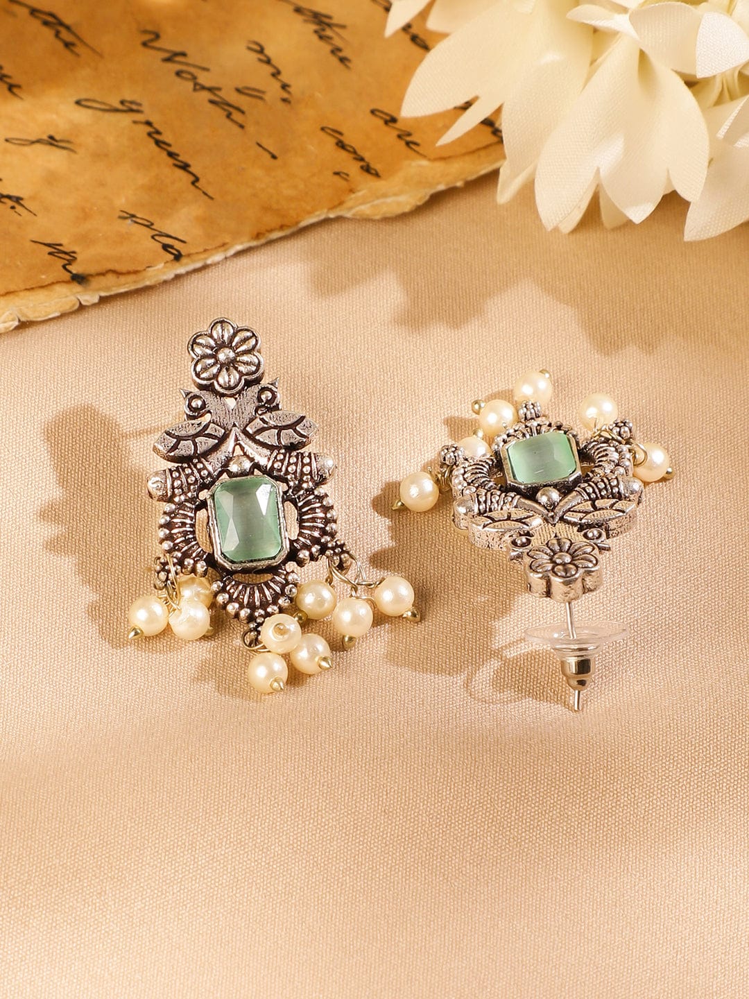 Rubans Oxidized Silver-Plated Mint Green Stone Studded Pearl Beaded Necklace Set