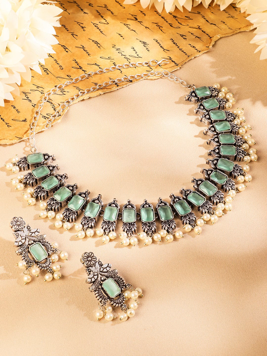 Rubans Oxidized Silver-Plated Mint Green Stone Studded Pearl Beaded Necklace Set