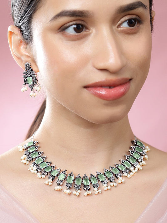Rubans Oxidized Silver-Plated Mint Green Stone Studded Pearl Beaded Necklace Set