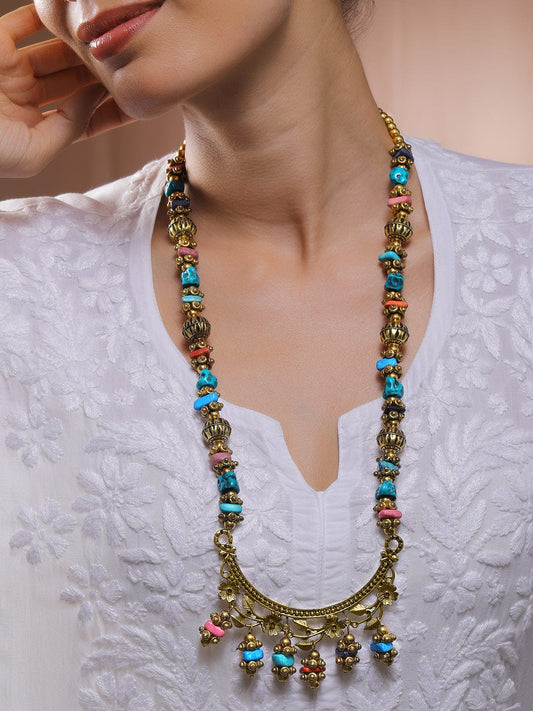 Rubans Oxidized Silver-Plated Multicolor Carved Beads Bohemian Necklace with Crescent Pendant