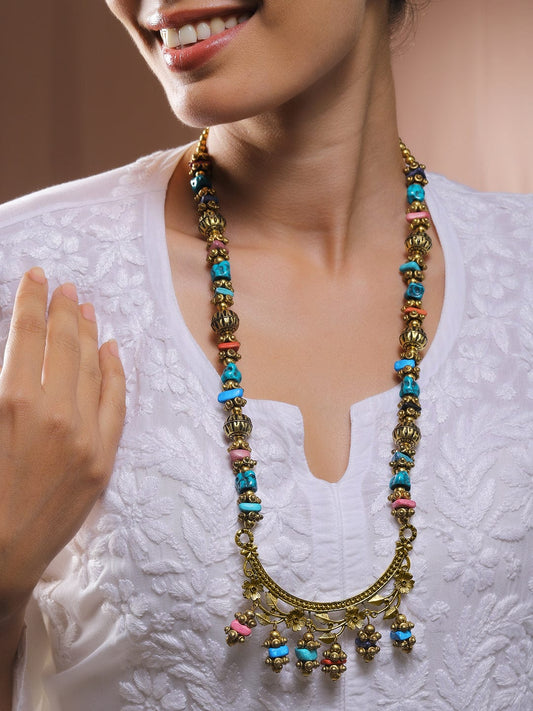 Rubans Oxidized Silver-Plated Multicolor Carved Beads Bohemian Necklace with Crescent Pendant