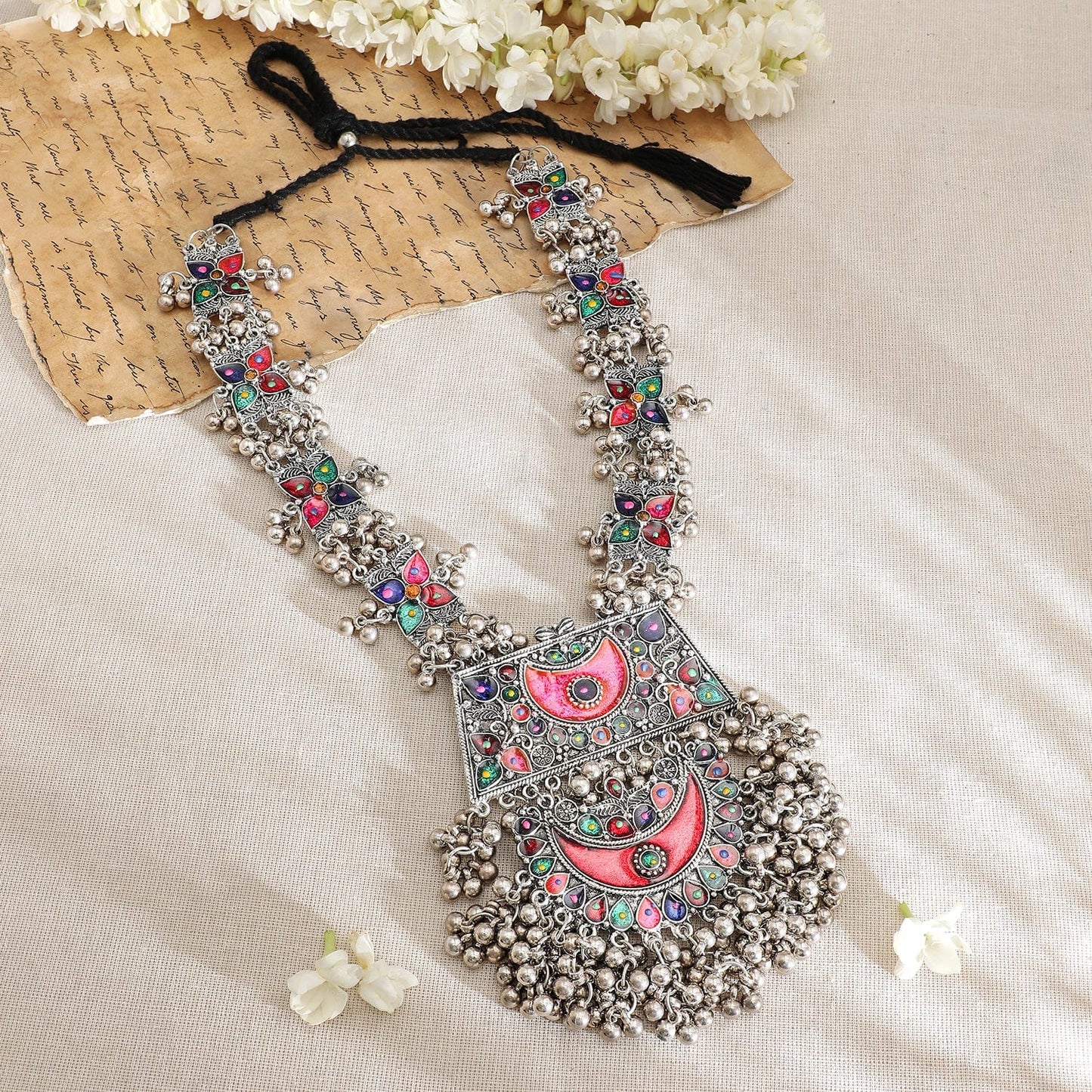 Rubans Oxidized Silver-Plated Multicolor Enamel Crescent Motif & Silver Beads Necklace