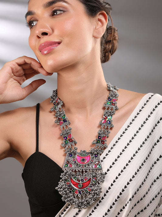 Rubans Oxidized Silver-Plated Multicolor Enamel Crescent Motif & Silver Beads Necklace