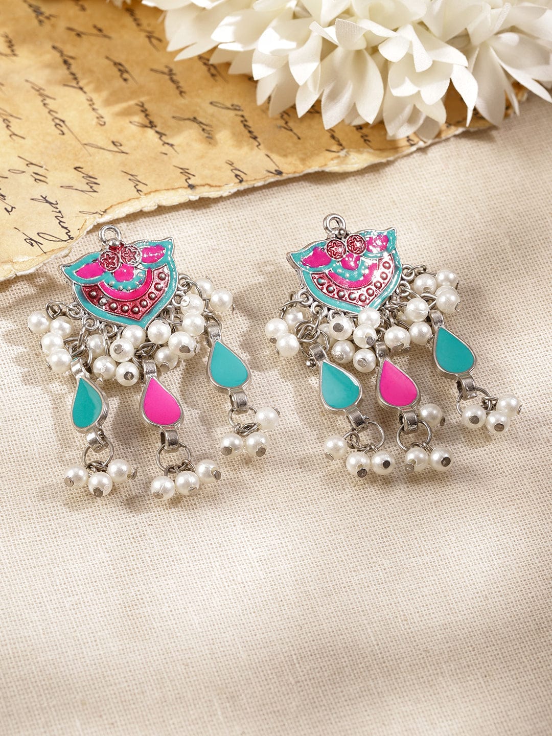 Rubans Oxidized Silver-Plated Multicolor Enamel & Pearl Beaded Dangling Necklace Set