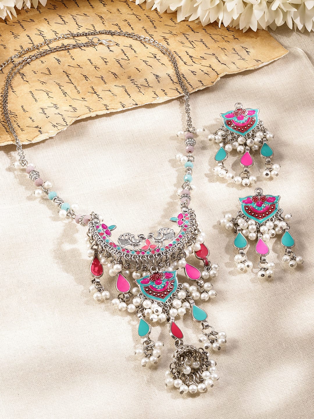 Rubans Oxidized Silver-Plated Multicolor Enamel & Pearl Beaded Dangling Necklace Set