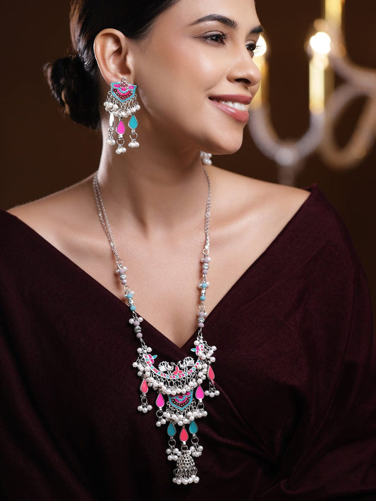 Rubans Oxidized Silver-Plated Multicolor Enamel & Pearl Beaded Dangling Necklace Set