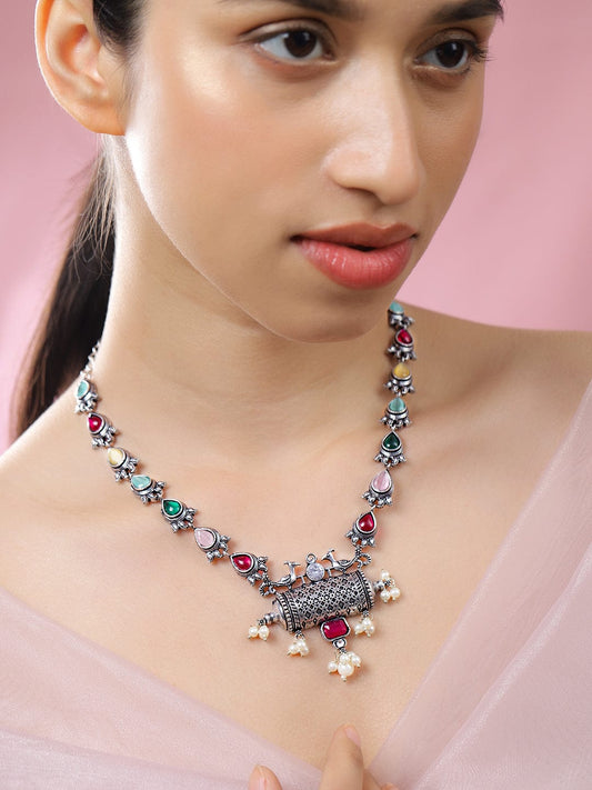 Rubans Oxidized Silver-Plated Multicolor Stone & Pearl Beaded Tribal Motif Necklace for Women